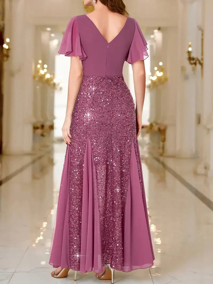 Flutter Sleeves Sparkling Evening Gown
