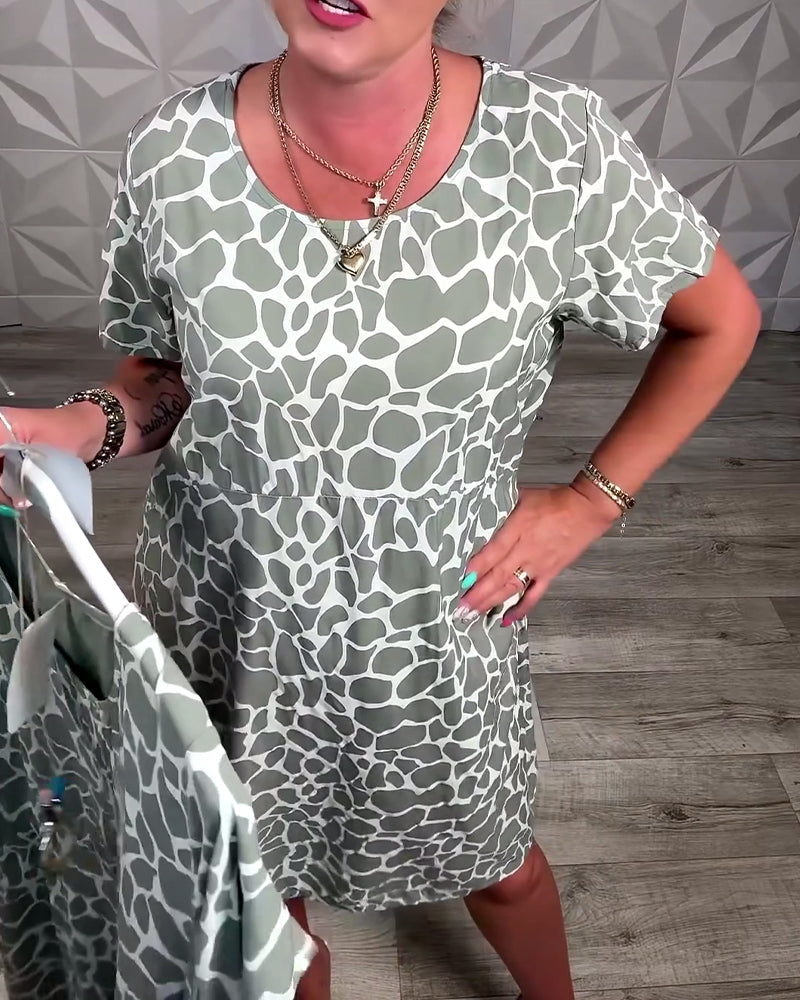 Relaxed Printed Dress with Round Neckline