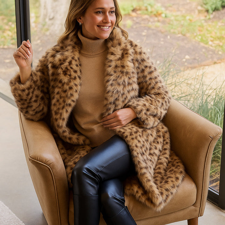 Imogen | Women’s Elegant Mid-Length Coat | Leopard Print