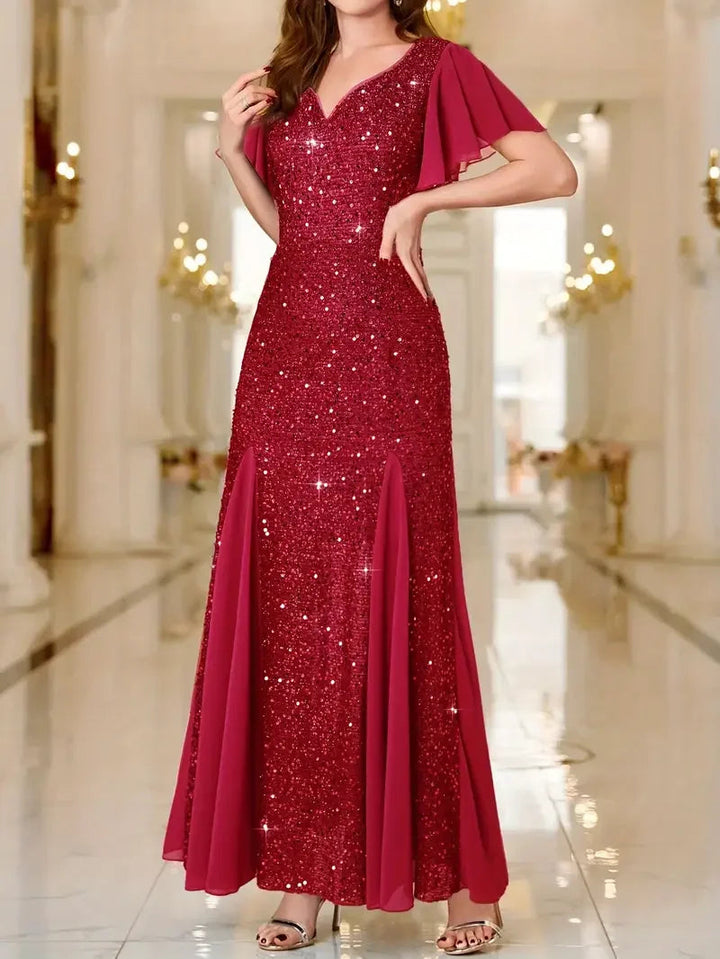 Flutter Sleeves Sparkling Evening Gown