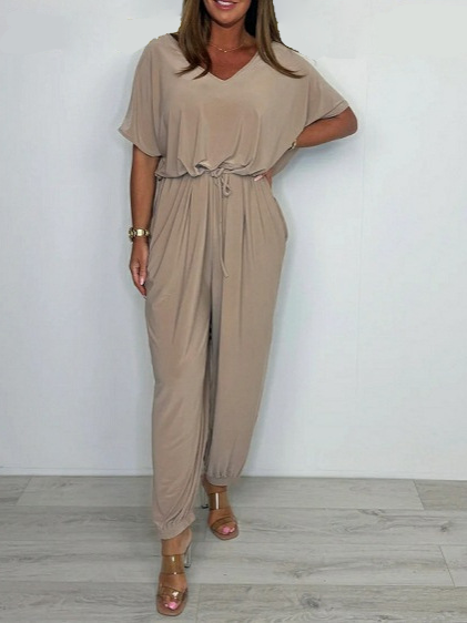 2025 Cotton Jumpsuit with V-neck and Tie Belt