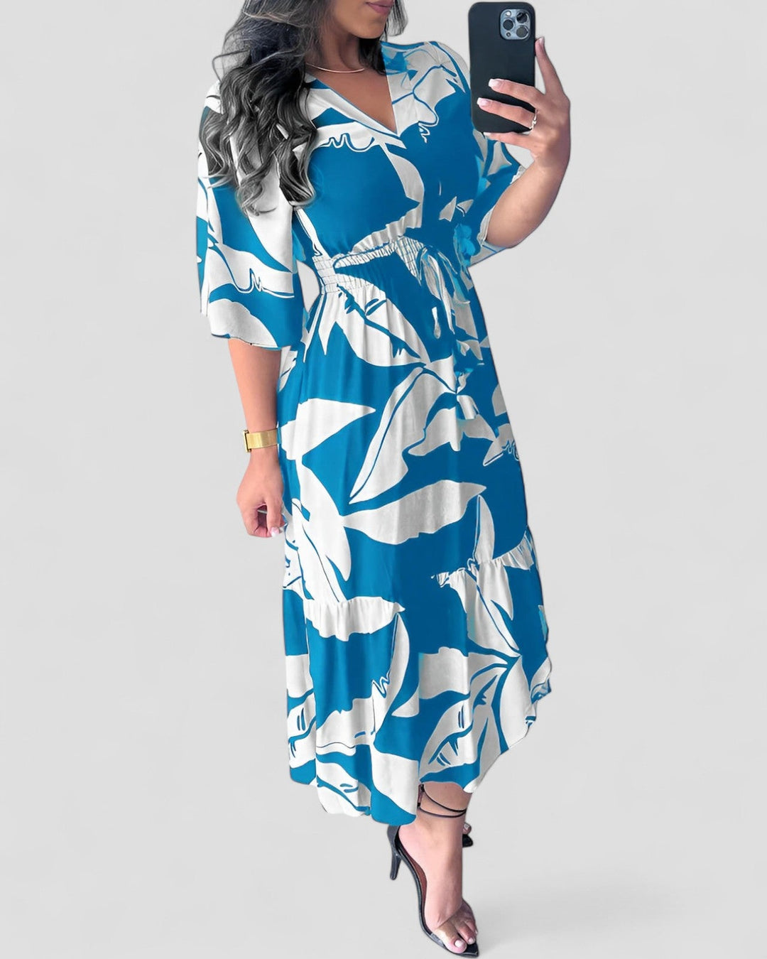 Kaya | Elegant V-Neck Dress with 3/4 Sleeves and Tie Detail