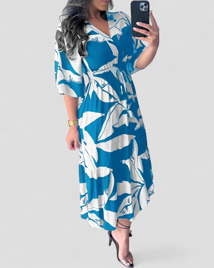 Kaya | Elegant V-Neck Dress with 3/4 Sleeves and Tie Detail