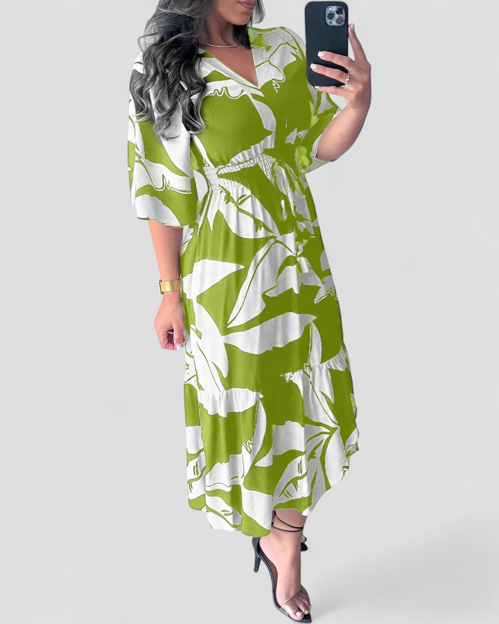 Kaya | Elegant V-Neck Dress with 3/4 Sleeves and Tie Detail