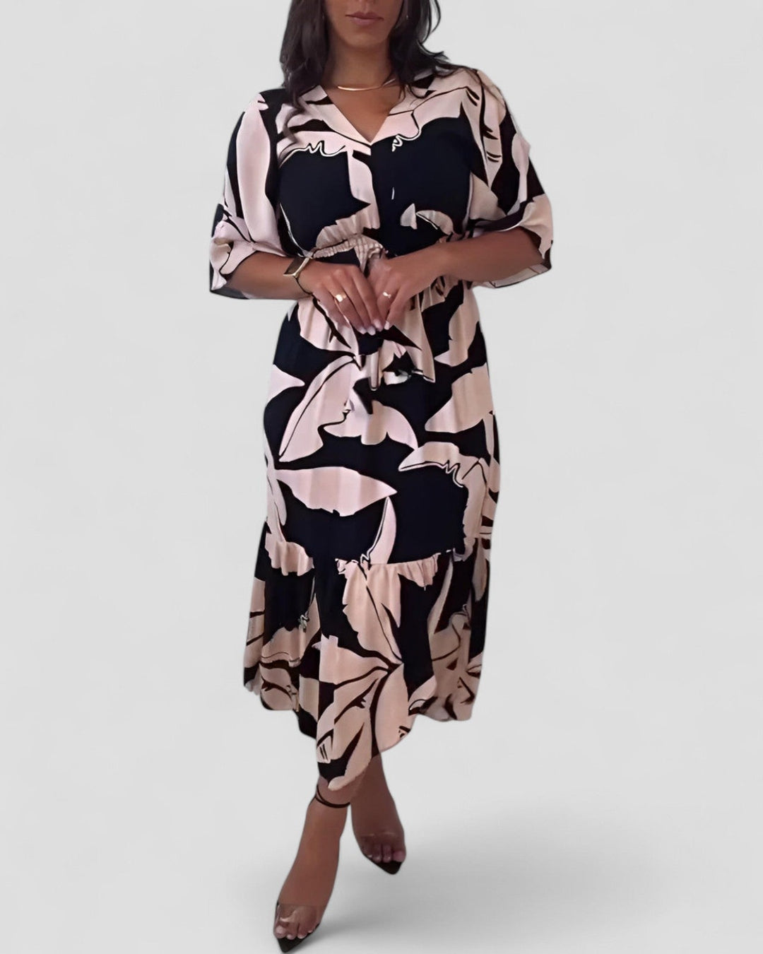 Kaya | Elegant V-Neck Dress with 3/4 Sleeves and Tie Detail