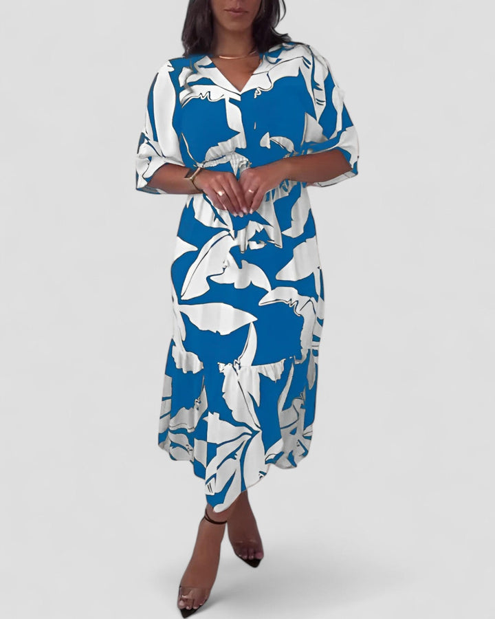 Kaya | Elegant V-Neck Dress with 3/4 Sleeves and Tie Detail