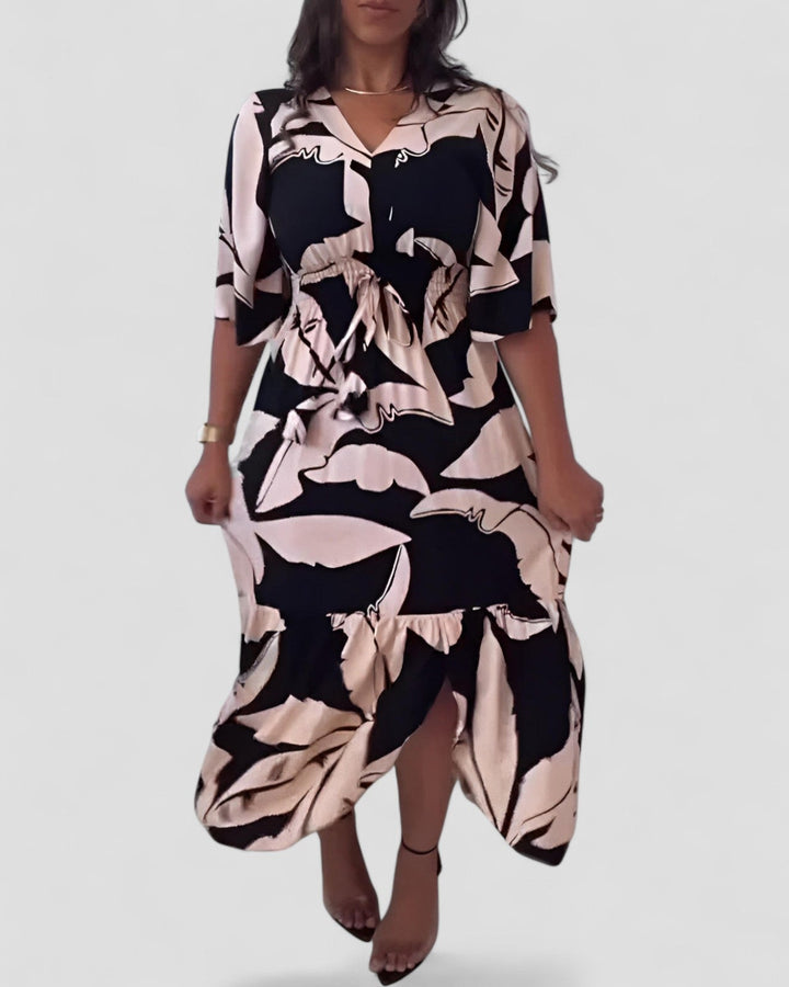 Kaya | Elegant V-Neck Dress with 3/4 Sleeves and Tie Detail