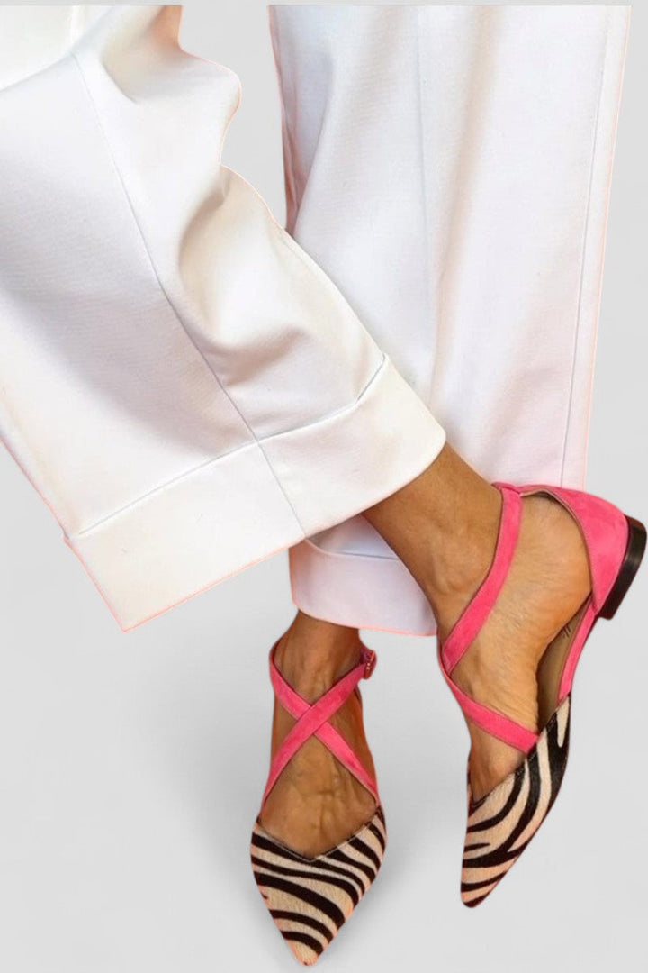 Zarella | Flat Zebra Pattern Sandals with Crossed Ankle Straps