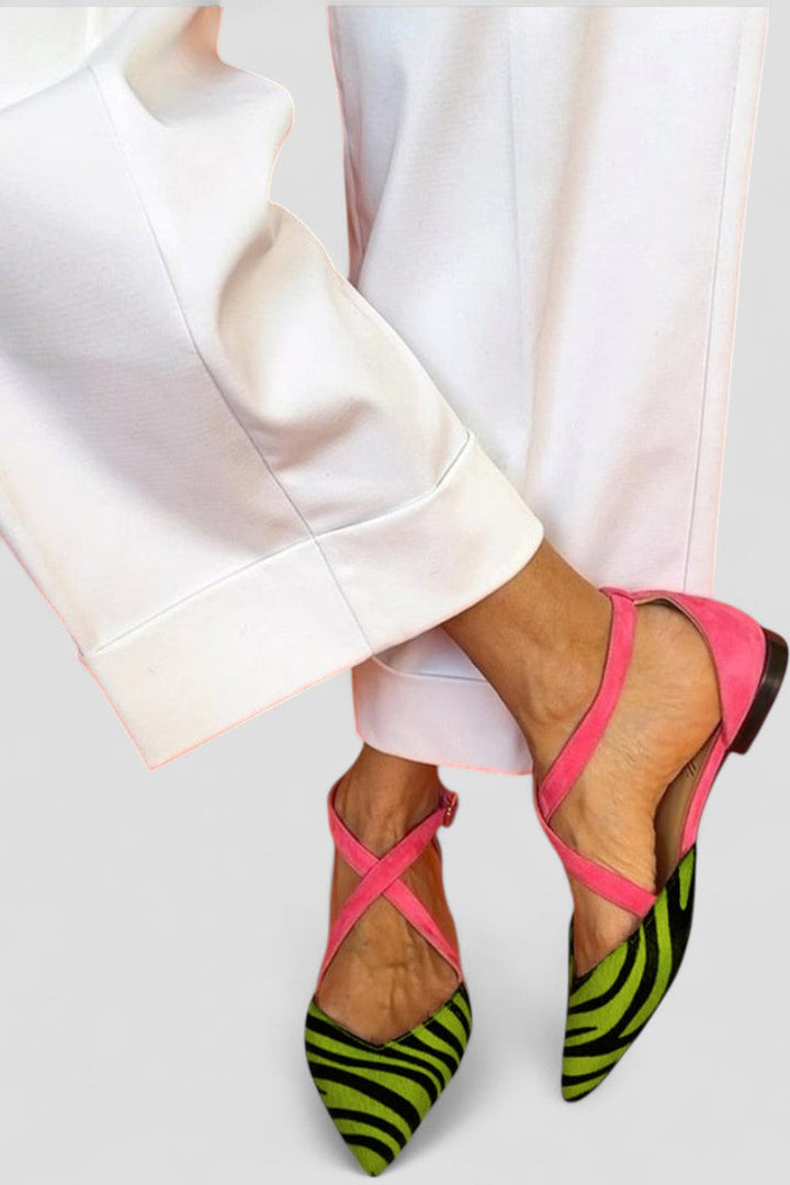 Zarella | Flat Zebra Pattern Sandals with Crossed Ankle Straps