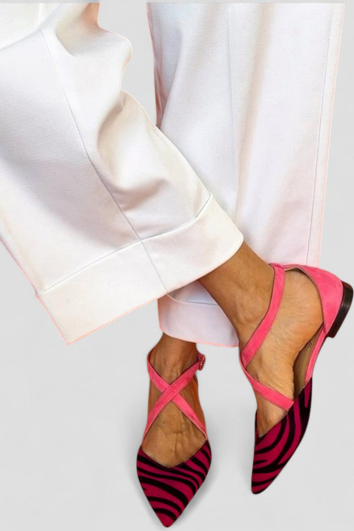 Zarella | Flat Zebra Pattern Sandals with Crossed Ankle Straps