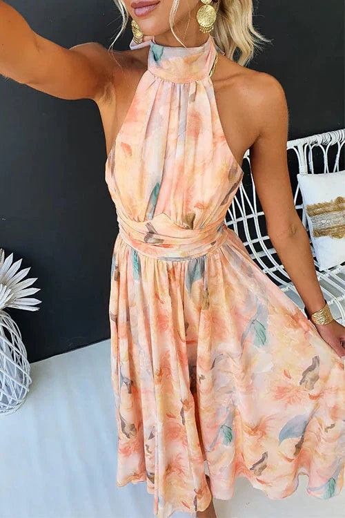 Elegant Long Halter Dress with Artistic Watercolour Pattern