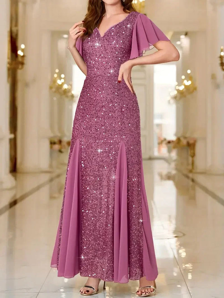 Flutter Sleeves Sparkling Evening Gown