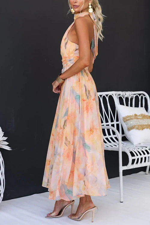 Elegant Long Halter Dress with Artistic Watercolour Pattern