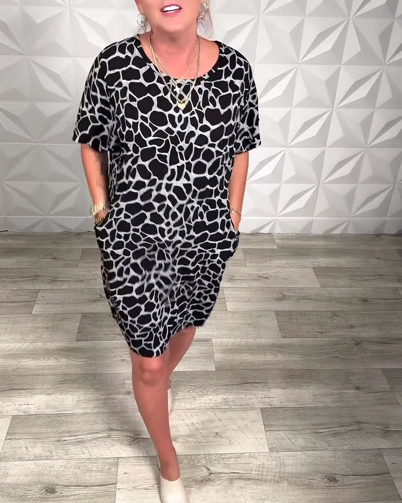 Relaxed Printed Dress with Round Neckline