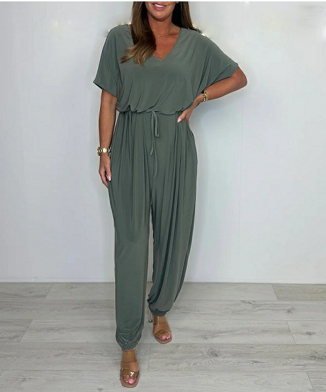 2025 Cotton Jumpsuit with V-neck and Tie Belt