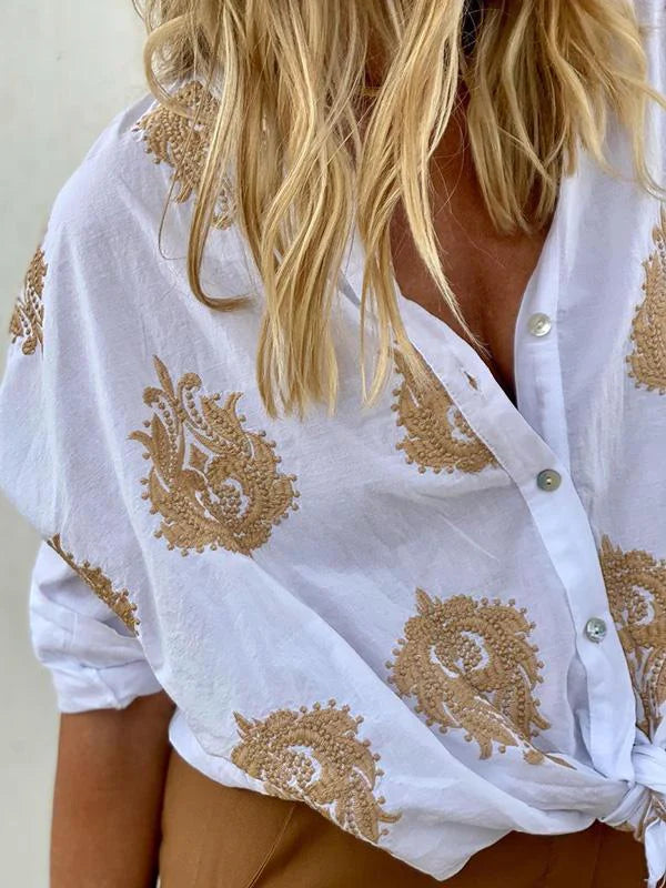 Greta™ | Embroidered Button-Up Top