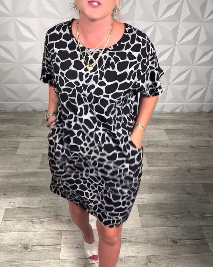 Relaxed Printed Dress with Round Neckline