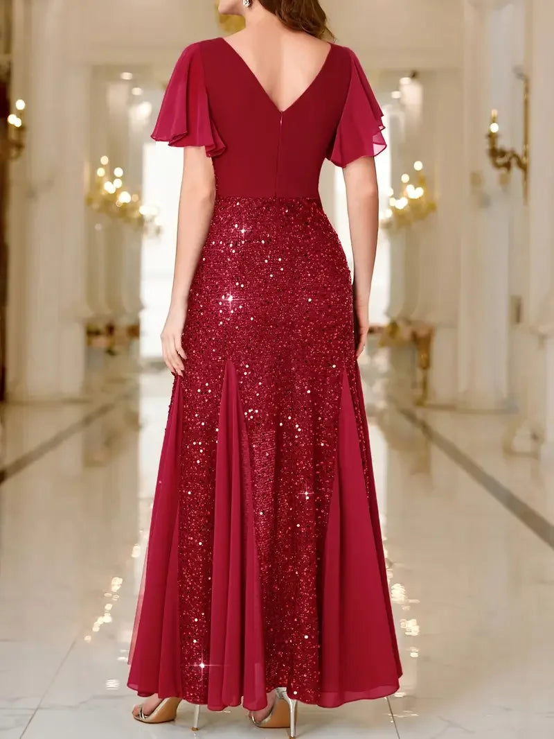 Flutter Sleeves Sparkling Evening Gown