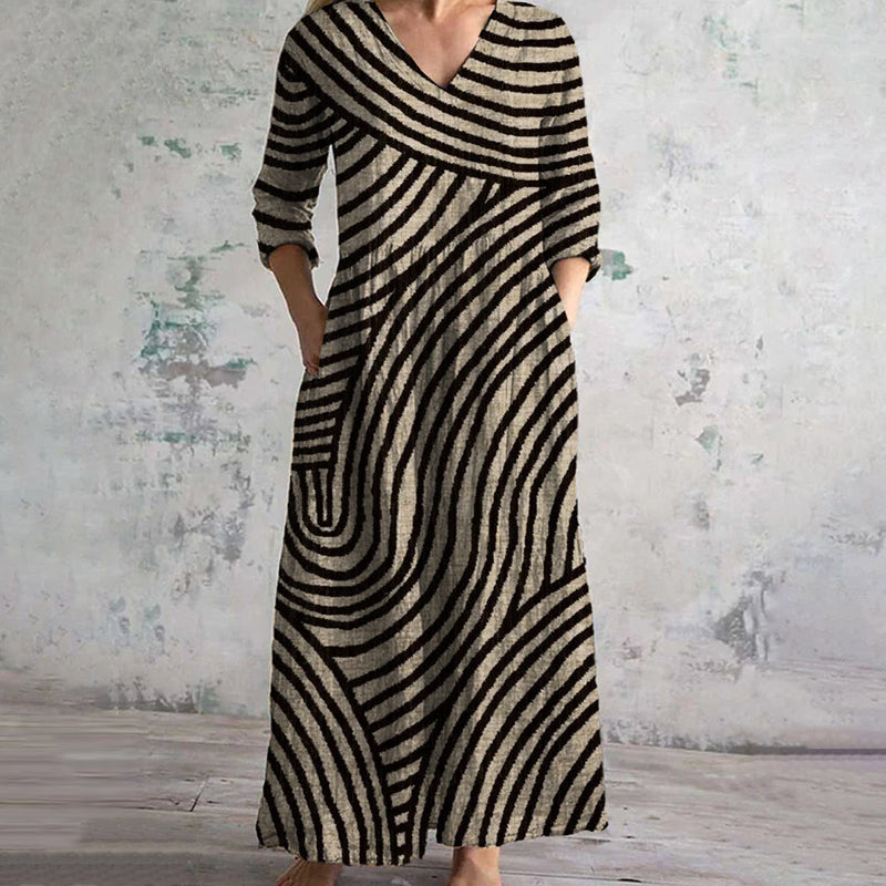 Stylish V-Neck Striped Maxi Dress