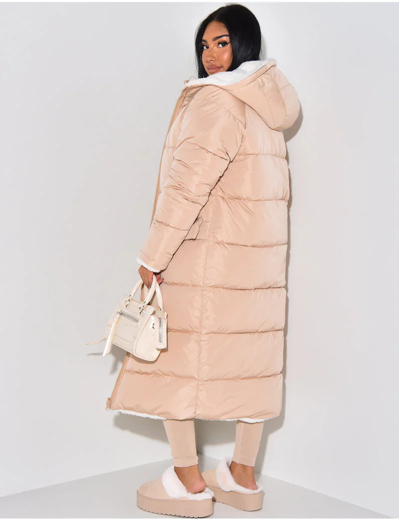Long Puffer Coat with Fleece Lining and Hood