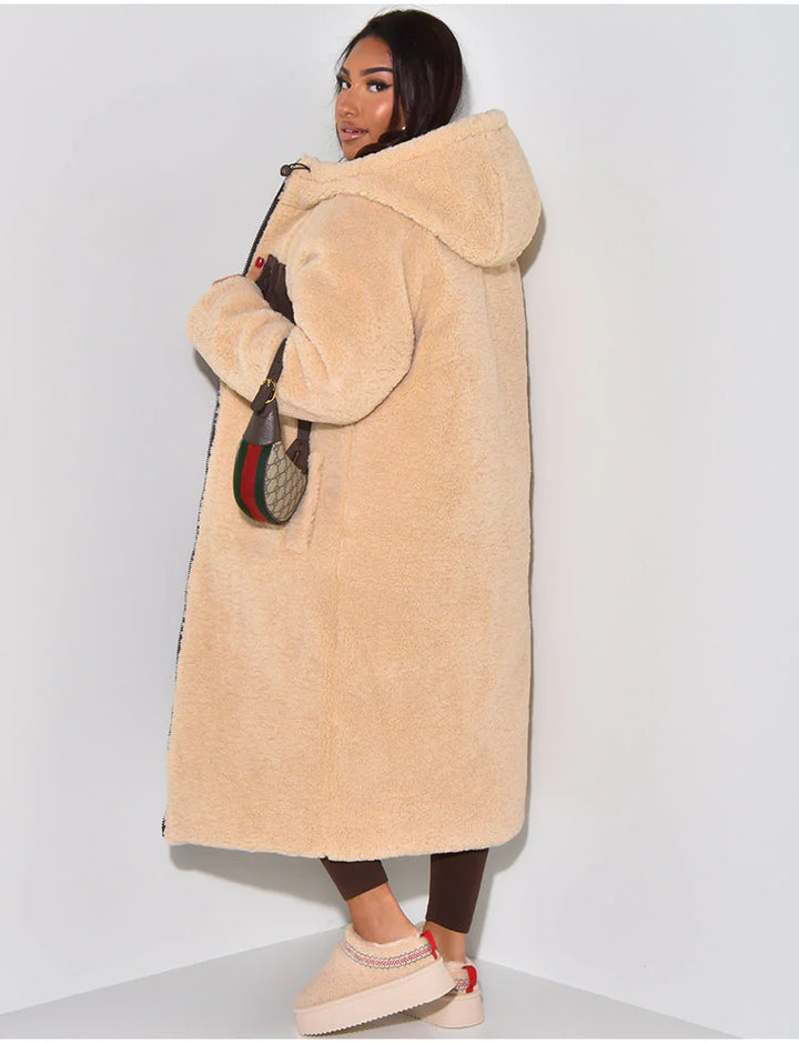 Long Puffer Coat with Fleece Lining and Hood