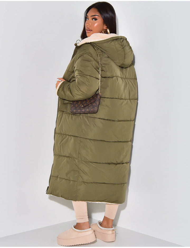 Long Puffer Coat with Fleece Lining and Hood