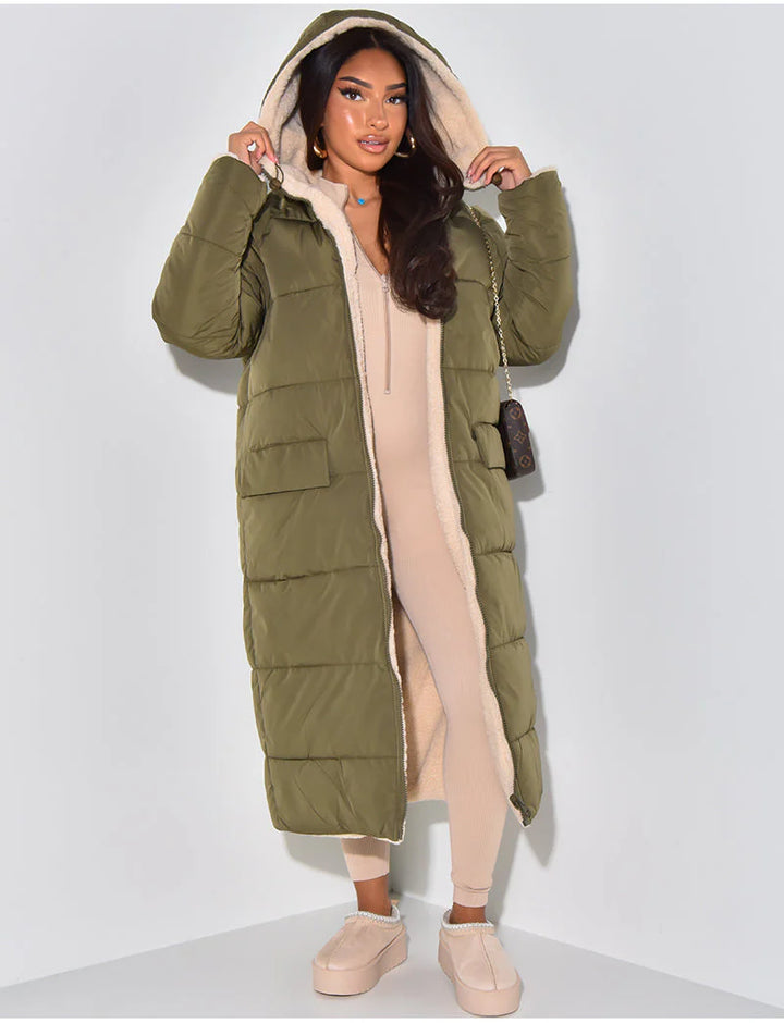 Long Puffer Coat with Fleece Lining and Hood