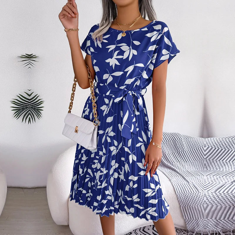 Pleated Floral Dress with Tie