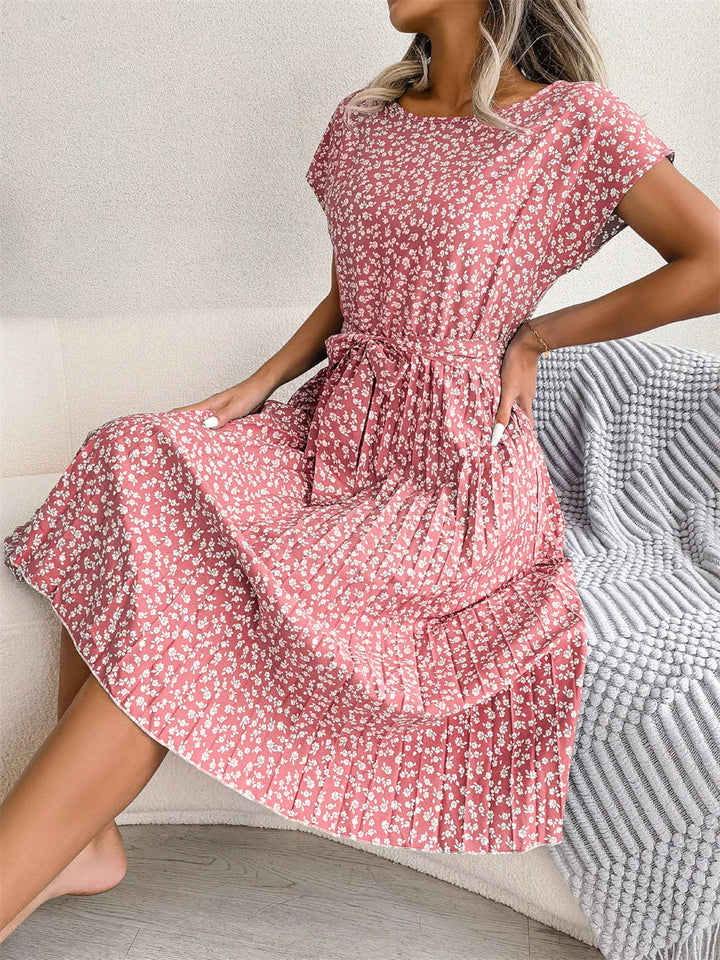 Pleated Floral Dress with Tie