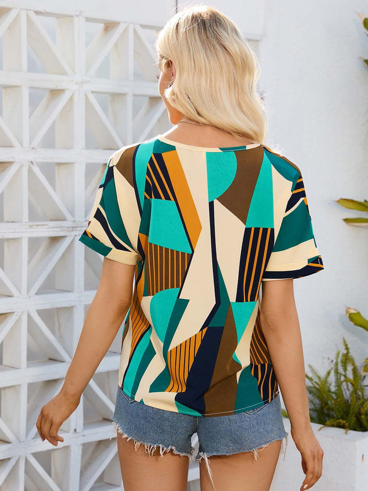 Casual Summer Crew V-Neck Top- Khaki