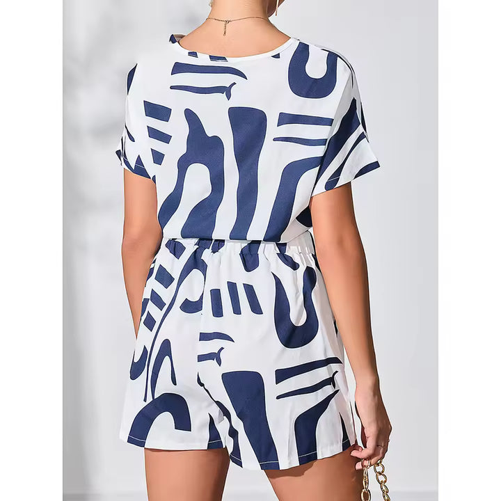 Casual Striped Pattern Shorts Sets- Blue