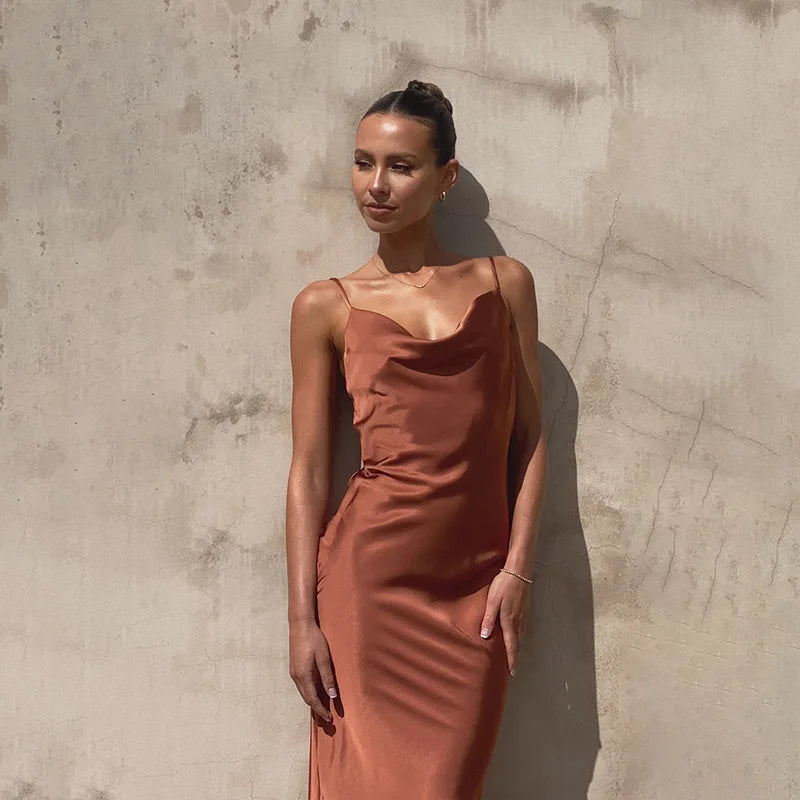 Satin Cowl Neck Maxi Dress