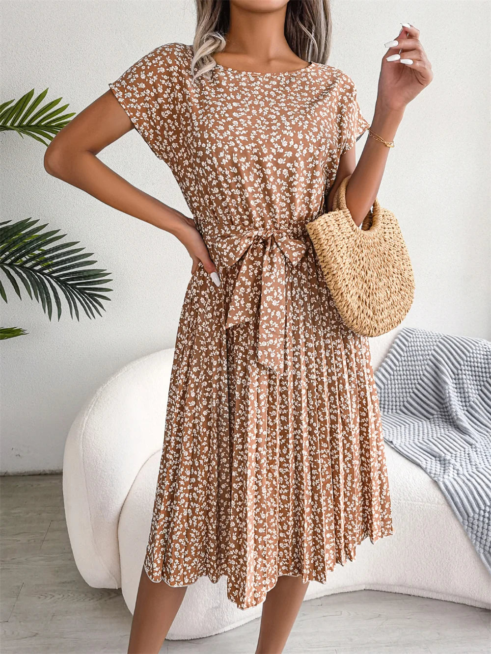 Pleated Floral Dress with Tie