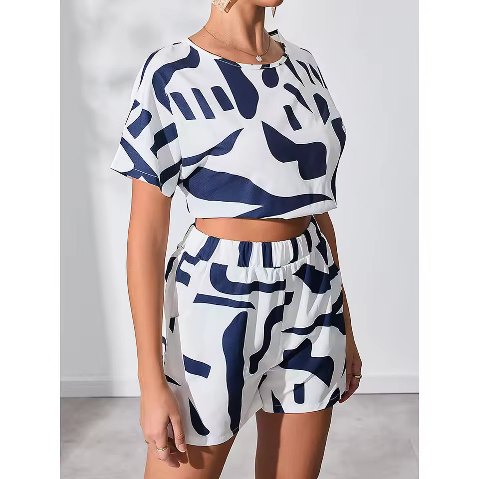 Casual Striped Pattern Shorts Sets- Blue