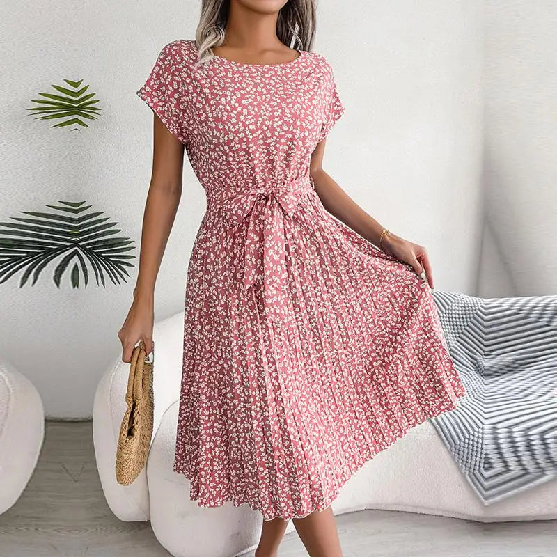 Pleated Floral Dress with Tie