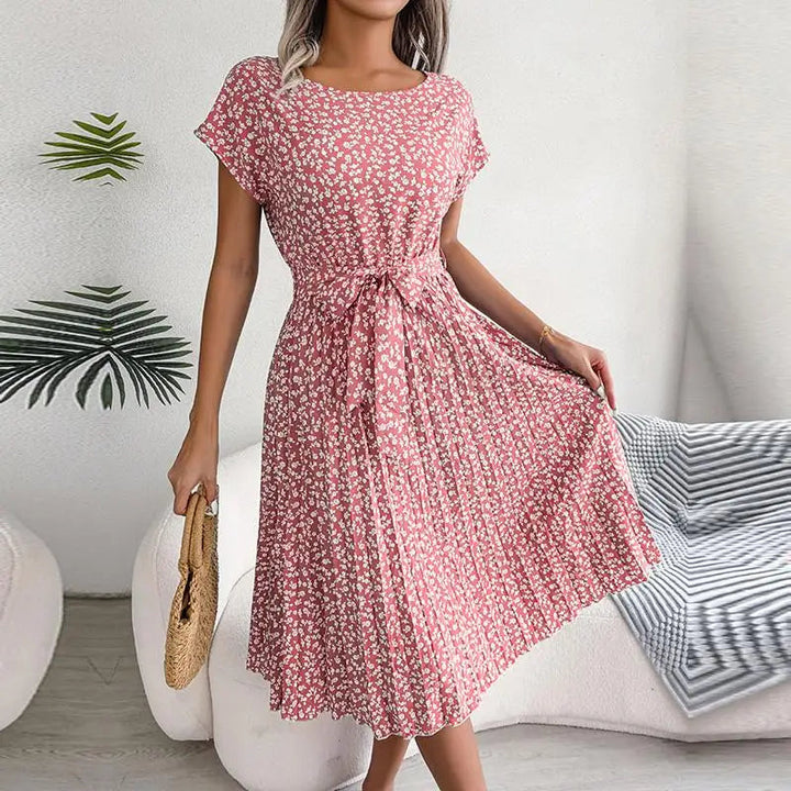 Pleated Floral Dress with Tie