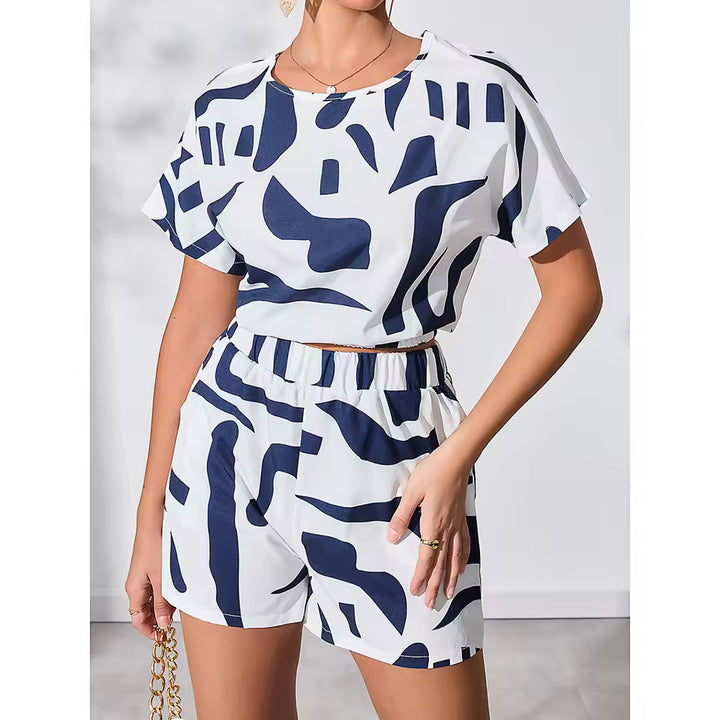 Casual Striped Pattern Shorts Sets- Blue