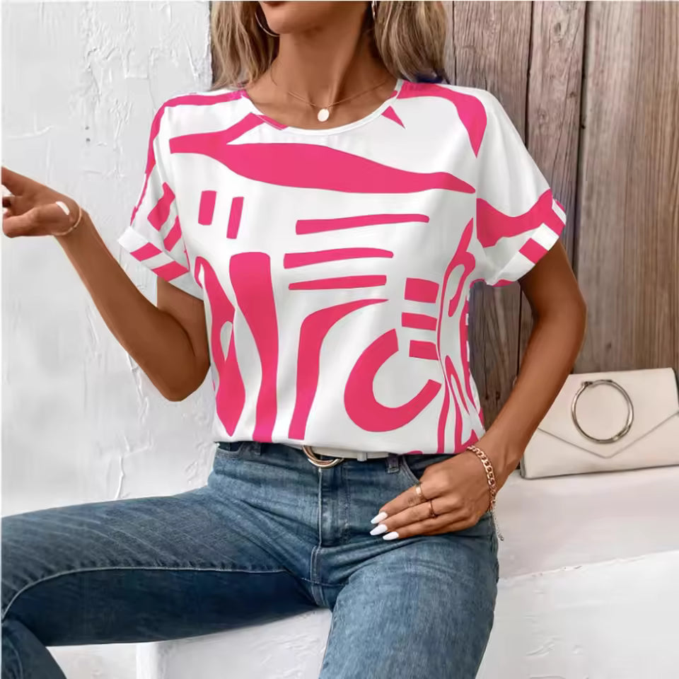 Casual Abstract T-Shirt- Pink