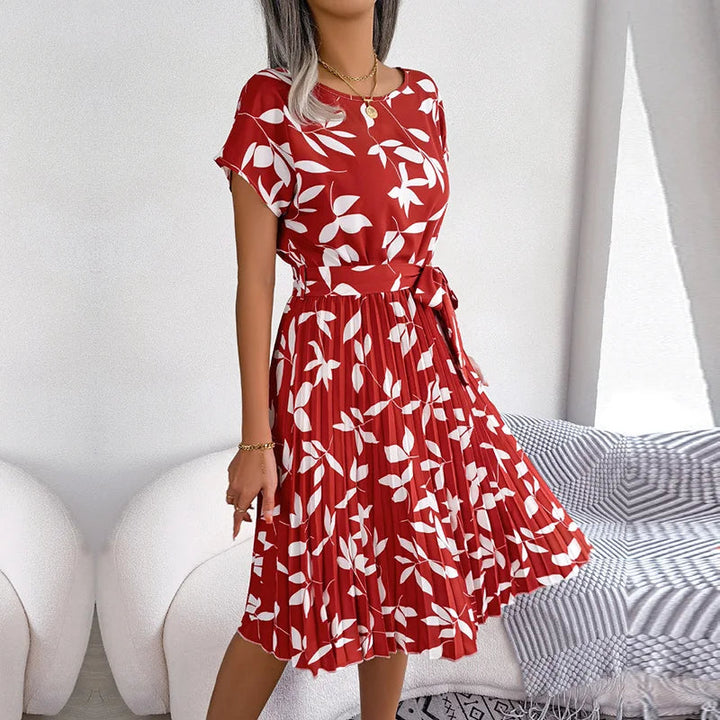 Pleated Floral Dress with Tie