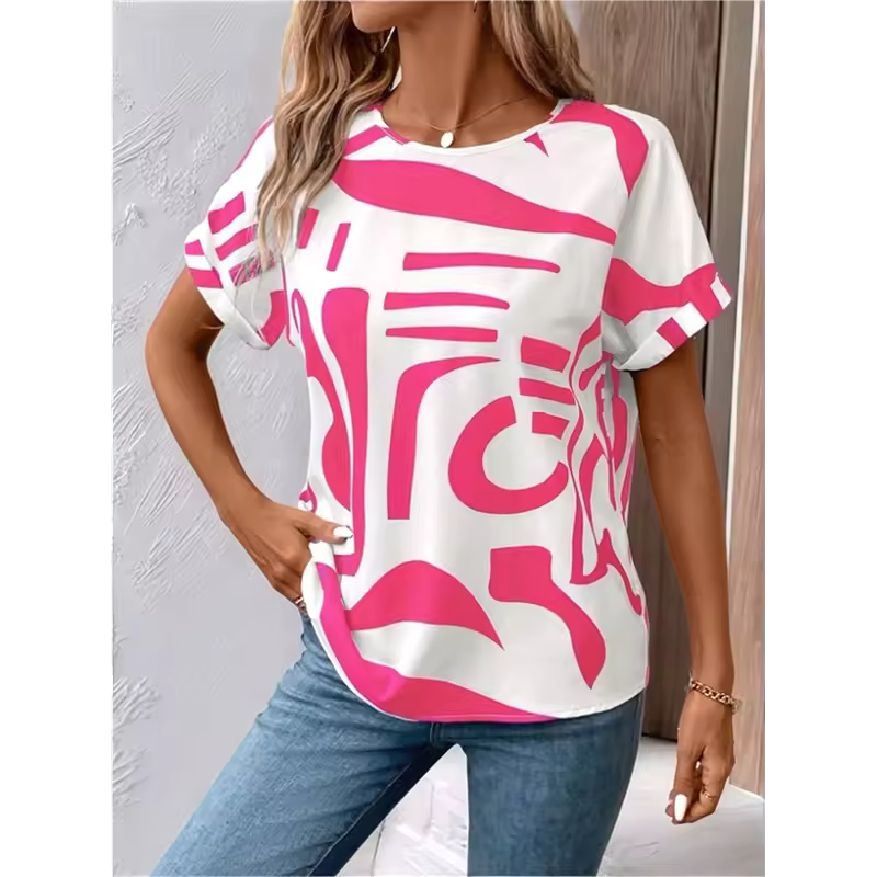 Casual Abstract T-Shirt- Pink
