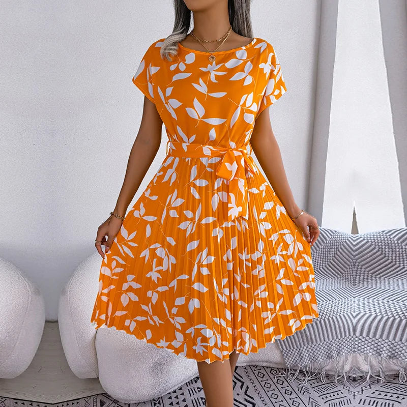 Pleated Floral Dress with Tie