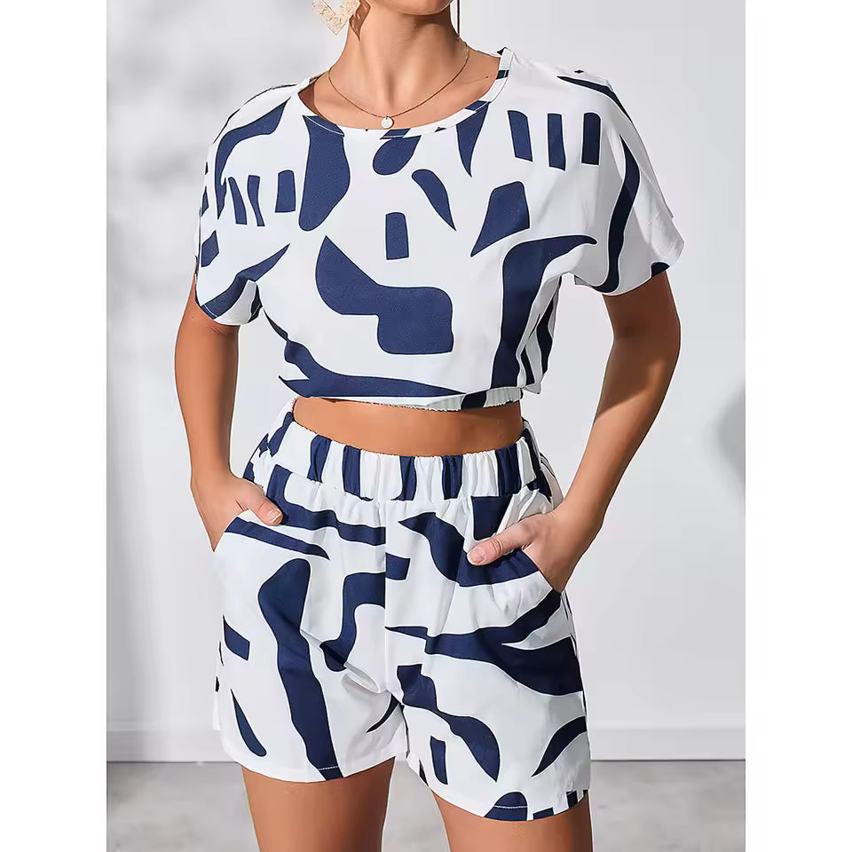 Casual Striped Pattern Shorts Sets- Blue