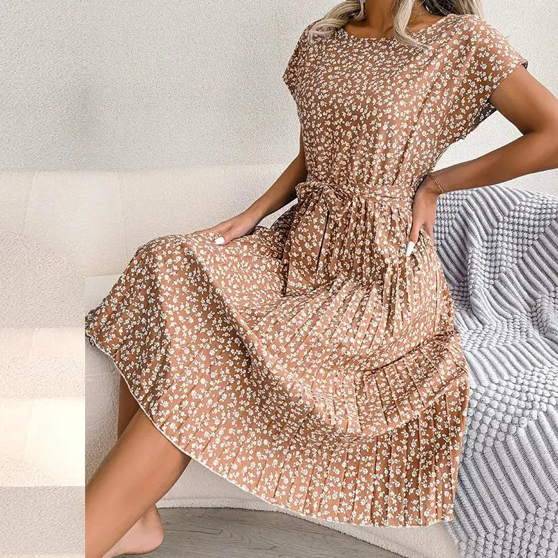 Pleated Floral Dress with Tie