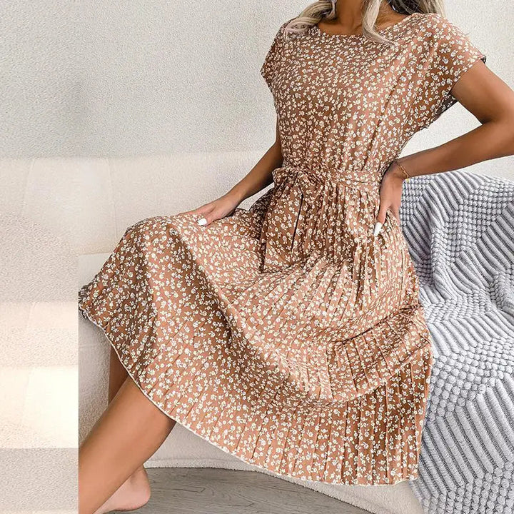 Pleated Floral Dress with Tie