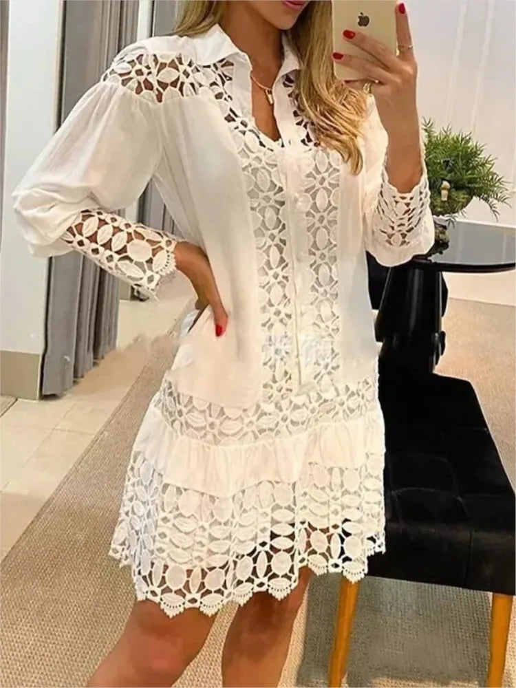 Stylish Lace Splicing Shirt Dress