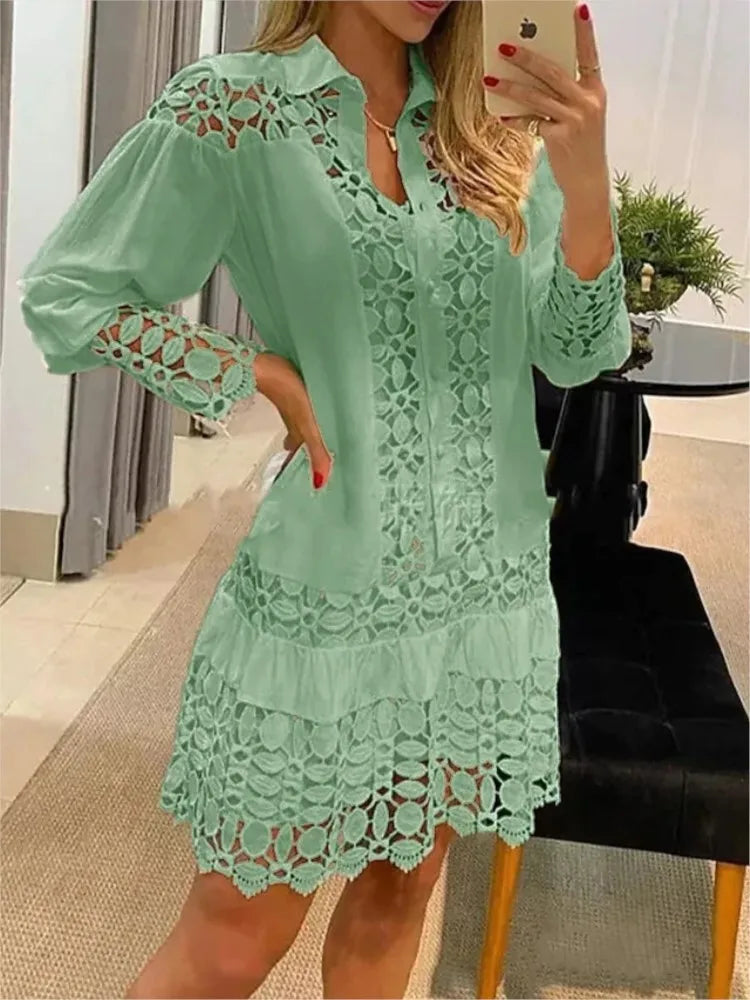 Stylish Lace Splicing Shirt Dress