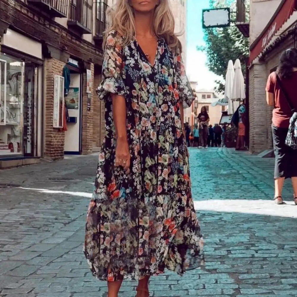 Stylish Floral V-Neck Maxi Dress
