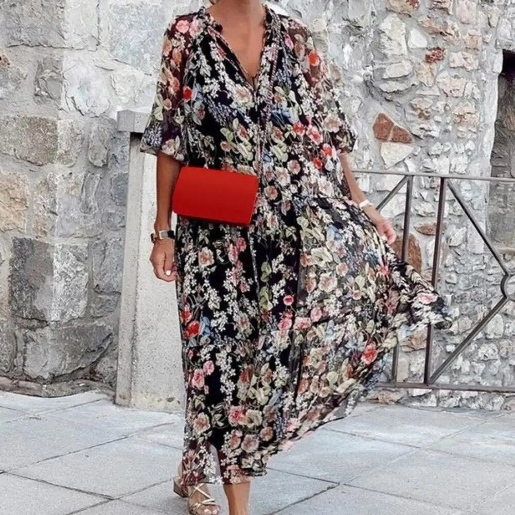 Stylish Floral V-Neck Maxi Dress