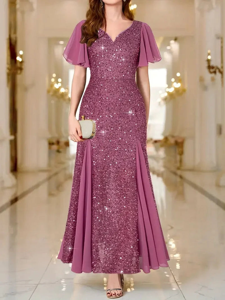 Flutter Sleeves Sparkling Evening Gown