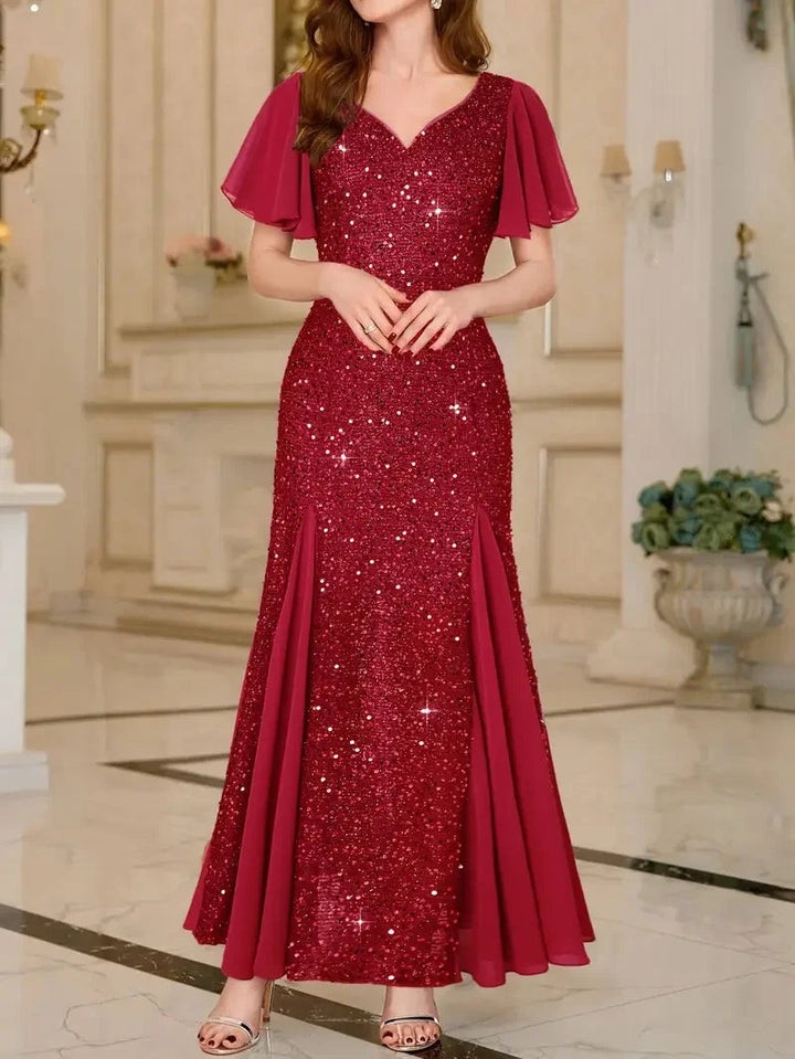 Flutter Sleeves Sparkling Evening Gown